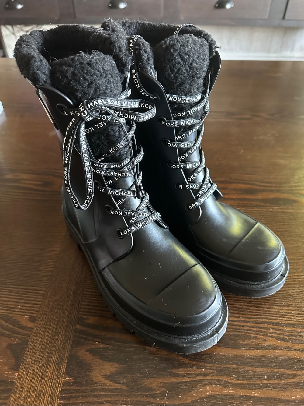 Michael Kors Black Lace-Up Fleece-Trim Combat Boots
